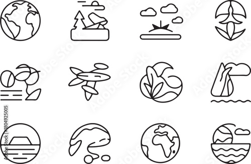 Eco tour badge of travel tourism line art icon set. Flat black color editable line vector illustration
