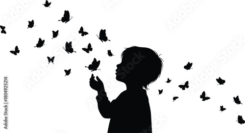 Child silhouette, butterfly moment, nature interaction, black background, outstretched arms, whimsical motion, artistic emotion, freedom concept, playful scene, serene wonder