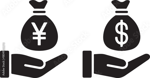 Hand holding money bag with yen symbol and hand holding money bag with dollar symbol