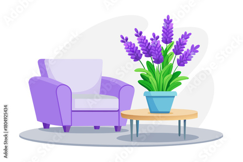 Purple armchair decorated with a spring floral bouquet of pink hyacinth and purple orchid blossoms in an isolated vase