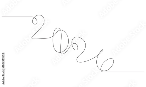 2026 New Year Continuous Line Drawing on White and Black. Continuous Line 2026 New Year Typography Art Minimalist Design