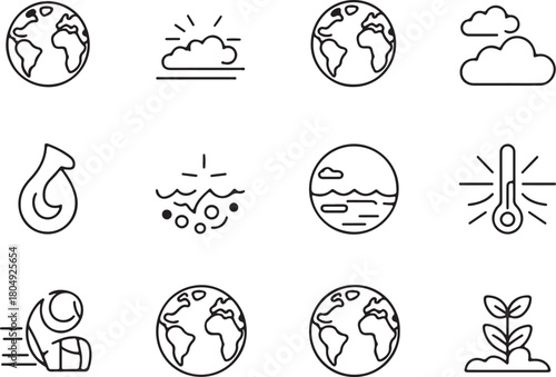 Global warming of climate change line art icon set. Flat black color editable line vector illustration