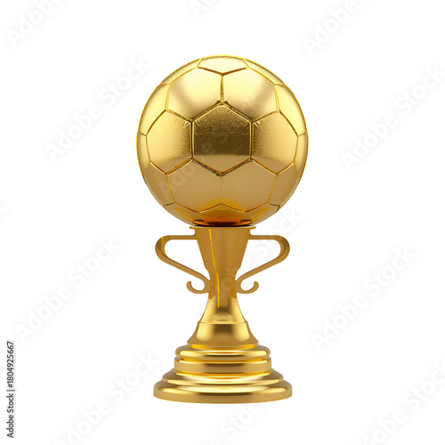 Golden trophy cup beside soccer ball, championship awards for football tournament winners, isolated on a transparent background