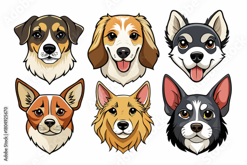 A cute group of three brown and white puppies and dogs sitting together, isolated against a white background