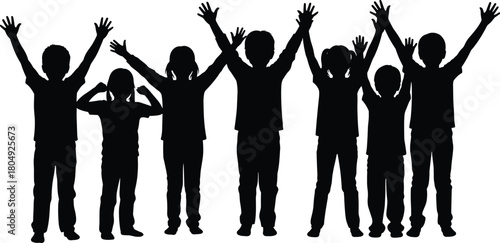 Children silhouettes, joyful celebration, raised hands, unity pose, happy kids, black background, group activity, childhood fun, expressive posture, energetic moment