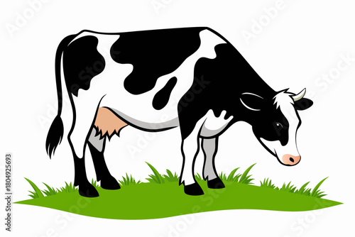 Cute cartoon cow illustration on a meadow of grass, a funny farm animal vector for milk and dairy