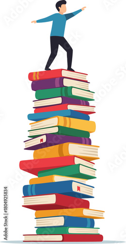 A man is trying to maintain his balance on a precarious stack of books. It is a symbol of the "perpetual student" and the "race to re-learn."