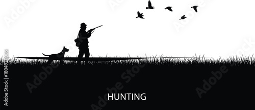 hunting, silhouette, rifle, dog, birds, grass, outdoors, nature, sport, companion, field, wild, black, white, illustration, walking, hunter, pet, flying, adventure