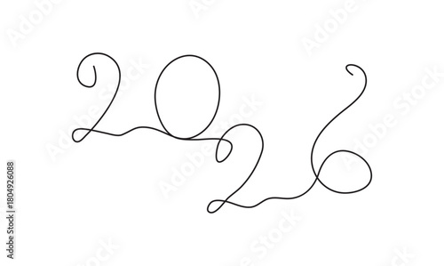 2026 New Year Continuous Line Drawing on White and Black. Continuous Line 2026 New Year Typography Art Minimalist Design
