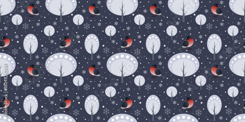 Seamless Winter Pattern with Bullfinches