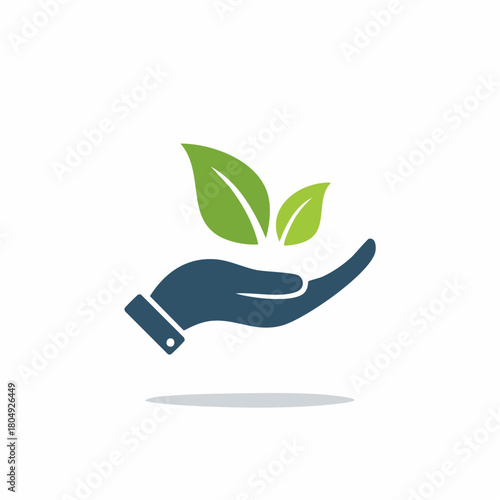 Stylized hand cradling two green leaves symbolizing ecological care and natural growth
