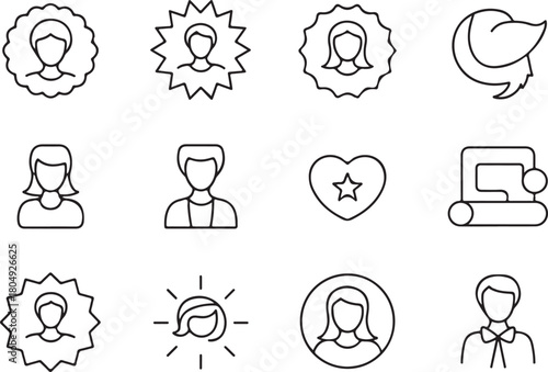 Influencer badge of social media content creator line art icon set. Flat black color editable line vector illustration