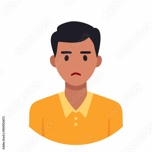 Disappointed young man avatar illustration with dark hair, wearing a casual yellow polo shirt