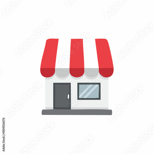 Simple Storefront Building with Red Awning and Gray Door