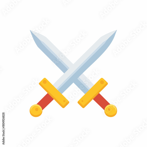 Two crossed swords with gold hilts and red handles in a flat design style
