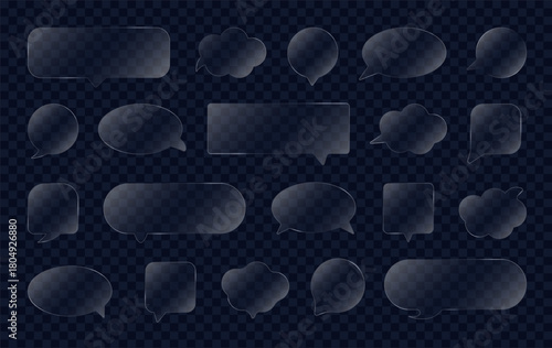 Transparent Glassmorphism speech bubble. Trendy liquid Glass morphism empty chat box Vector icon big set. Message comments border. Empty Textboxes. Talk blank geometric shapes