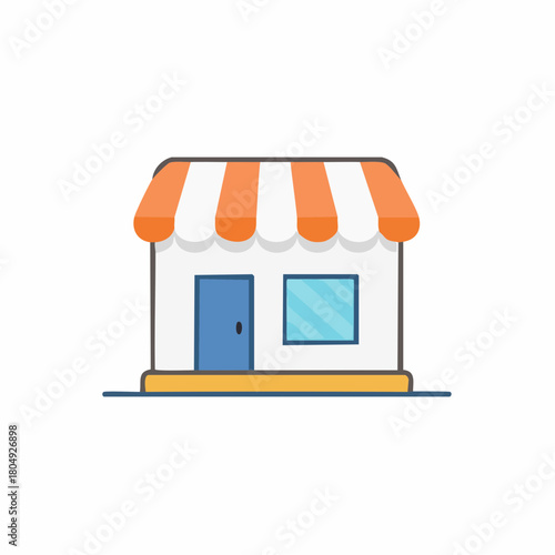 Colorful minimalist retail store icon featuring an orange striped awning and blue door