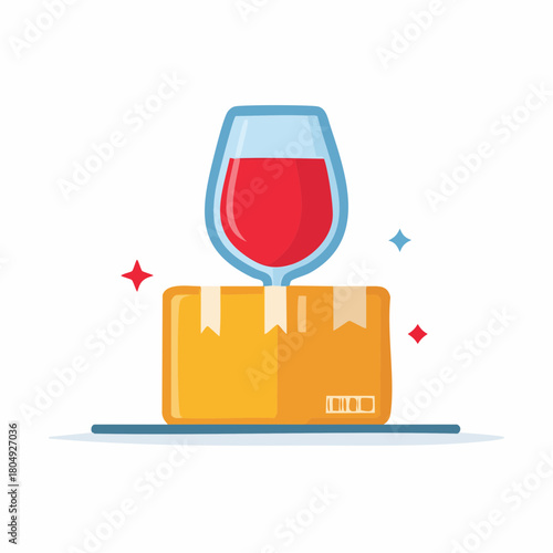 Wine delivery service concept with a red wine glass emerging from a cardboard shipping box