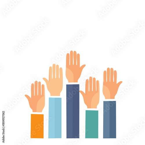Diverse hands raised in unison for voting or participation
