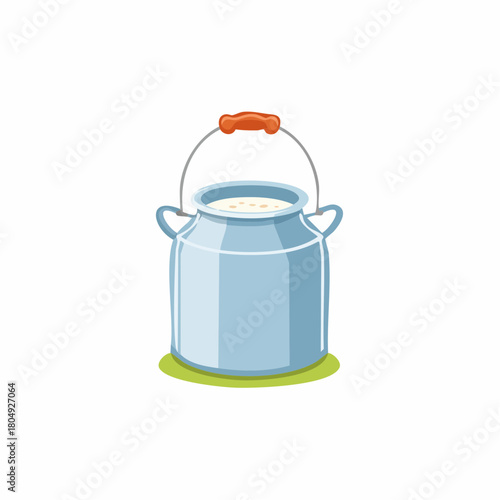 Classic blue milk can illustration filled with fresh dairy product on a green patch, depicting rustic farm freshness.