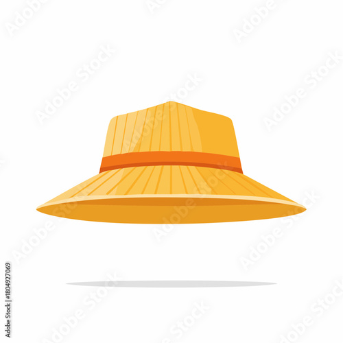 Yellow conical straw hat with orange band providing sun protection