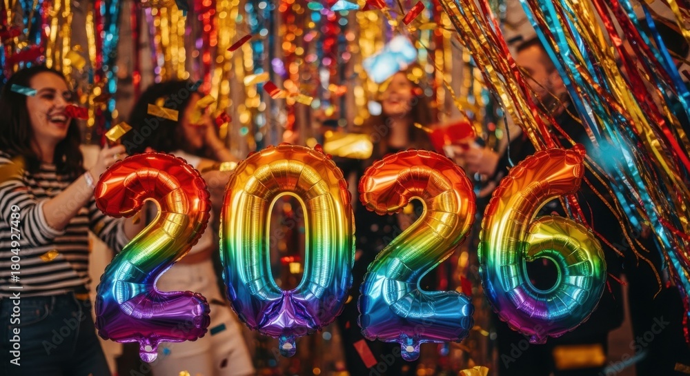 Fototapeta premium Friends Celebrate New Year with Colorful Balloons and Streamers
