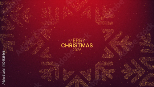 Red background with Merry Christmas 2026 text and glittering golden snowflake design. Festive seasonal greeting for holiday celebration concept.