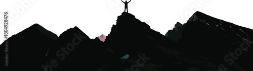 Silhouette, person, mountain, peak, victory, success, achievement, outdoor, nature, landscape, black, white, illustration, summit, standing, arms, raised, triumph, adventure, motivation
