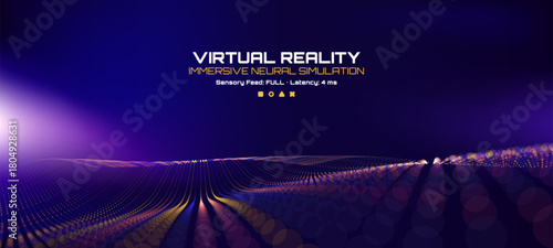 Virtual reality immersive neural simulation displayed on a digital screen. Futuristic cyber world and data visualization for technology concept.