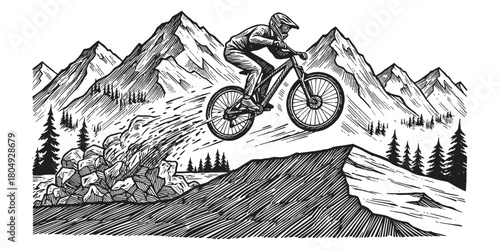 Mountain Biker Isolated Black And White Vector Illustration, Extreme MTB Downhill Illustration with Mountain Landscape, Vintage Linocut Artwork