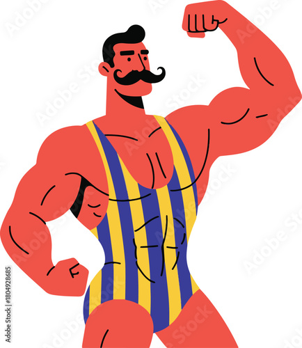 A muscular strongman character with a prominent handlebar mustache flexes his bicep in a classic pose.