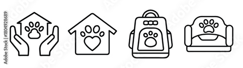 Find pet friendly housing and travel accessories for dogs and cats outline vector art