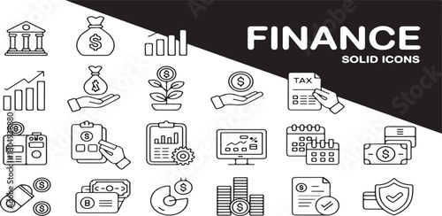 Financial Management Solid Icons: Banking, Investment, Tax, Business Growth, and Accounting Line and Solid Vector Graphics