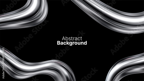 Fluid metallic silver waves on a black background, representing elegance and modern design. Graphic template for banners, posters, or digital presentations.