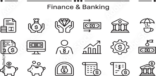 Comprehensive Finance & Banking Outline Icons: Money Management, Investment, Currency Exchange, and Accounting Vector Set