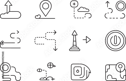 Route optimization of logistic and delivery line art icon set. Flat black color editable line vector illustration