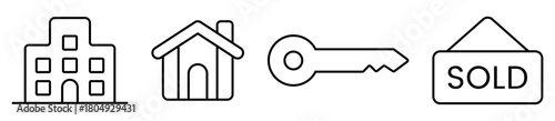 Real Estate Vector Icons – House, Building, Key & Sold Sign Line Icon Set