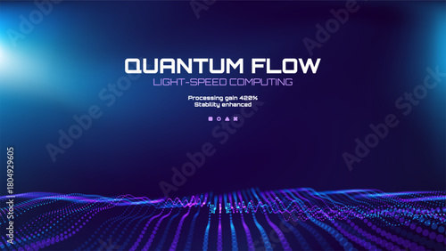Quantum flow light-speed computing concept with wavy digital particle grid. Abstract futuristic technology background for data visualization.