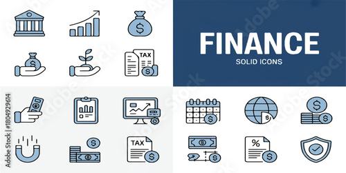 Modern Finance & Investment Solid Icon Set: Banking, Money, Tax, Financial Growth, and Business Management Vector Graphics