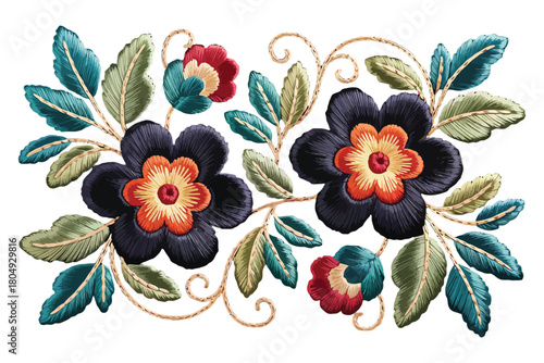 Vibrant embroidered floral design with detailed leaves and swirling stems