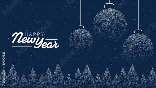 Happy New Year festive banner with hanging christmas ornament and winter tree line on a starry night background for holiday greeting card