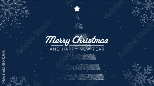 Merry Christmas and happy New Year vector greeting card with dotted tree and snowflakes. Holiday season wish for winter celebration.