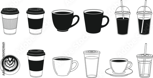 Coffee cup vector set, black and white beverage icons, latte art, mugs, disposable cups, cold brew, graphic design elements, branding, café