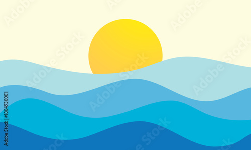 Illustration background of sunrise or sunset over wavy blue ocean