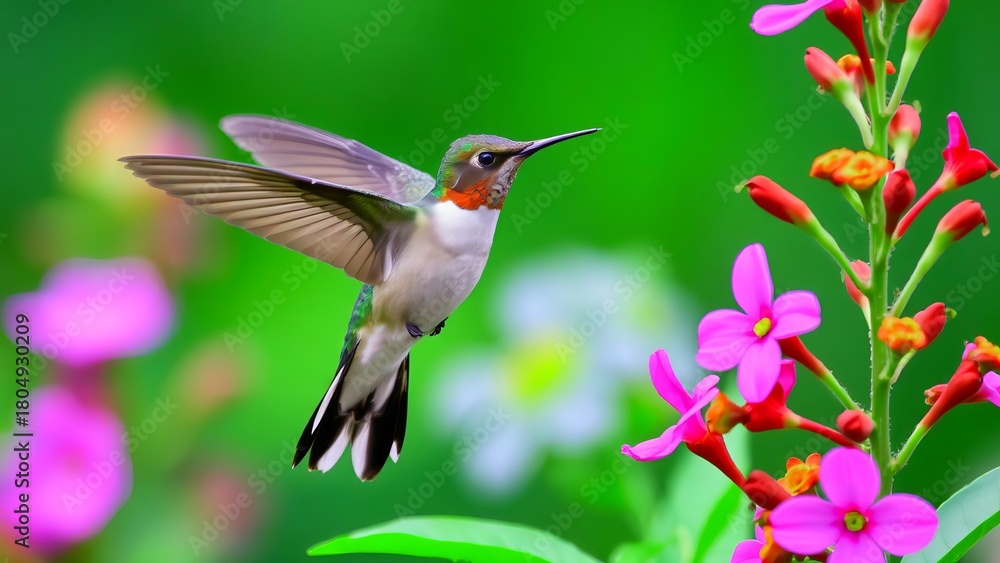 Naklejka premium hummingbird in flight, likely a male Broad-tailed Hummingbird or a Ruby-throated Hummingbird, hovering near vibrant flowers. 