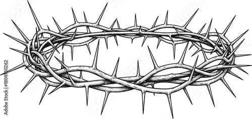 Hand drawn vector crown of thorns, black and white religious symbol of Jesus Christ's suffering, isolated illustration for Easter and Good Friday design