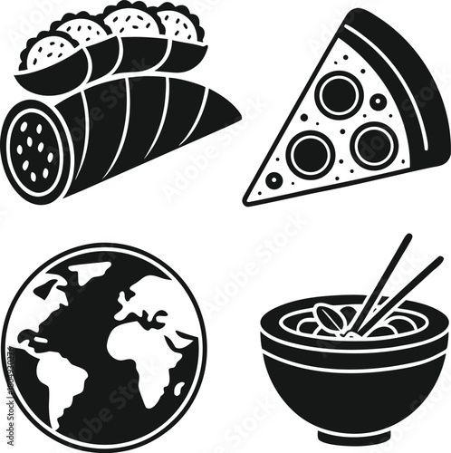 Food And Global Icons Set With Tacos Pizza And Noodles