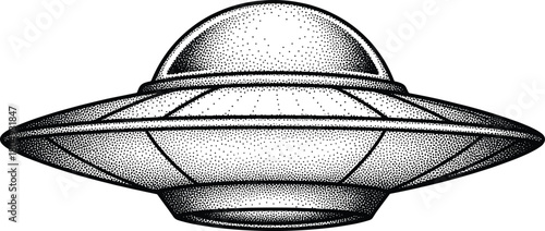 UFO spaceship illustration, black and white vector, vintage sci-fi style, alien spacecraft concept, stippling texture, retro extraterrestrial design
