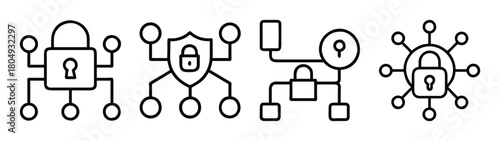 Cyber security network protection data safety encryption lock digital security system technology concept icon set