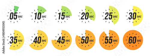 Second Timer, clock, stopwatch, Countdown timer, cooking time icon set. 5, 10, 15, 20, 25, 30, 35, 40, 45, 50, 55, 60 second dial. Colorful isolated set, symbol. Vector illustration